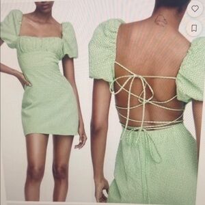 Zara Green and white gingham  Puff-Sleeve Mini Dress with open lace up back